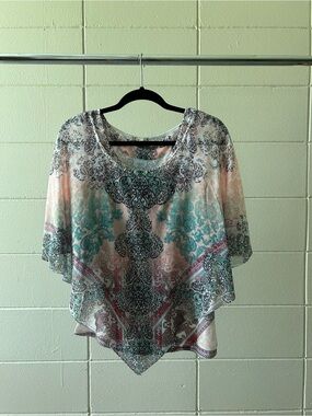 World Unity Women's Scoop Neck Poncho in Teal and Peach